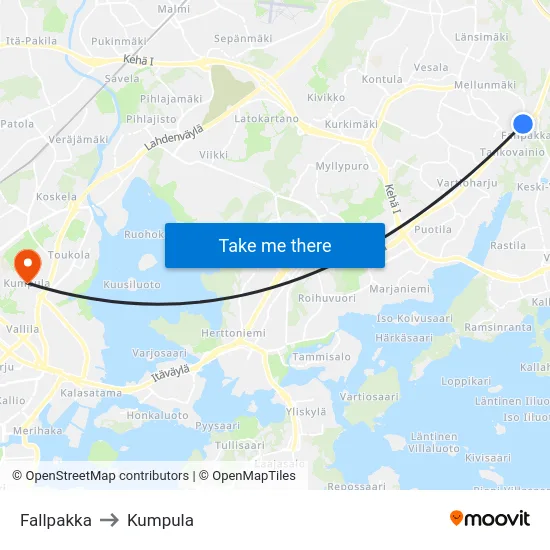 Fallpakka to Kumpula map