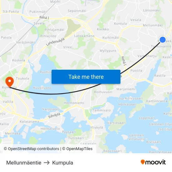 Mellunmäentie to Kumpula map