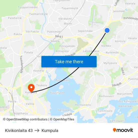 Kivikonlaita 43 to Kumpula map