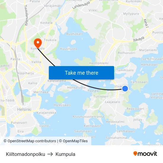 Kiiltomadonpolku to Kumpula map