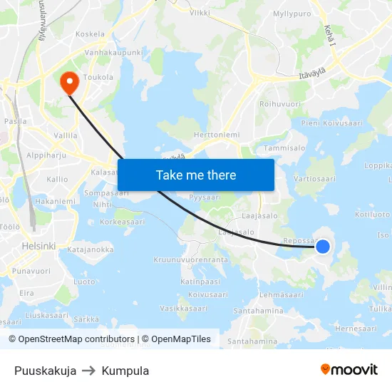 Puuskakuja to Kumpula map