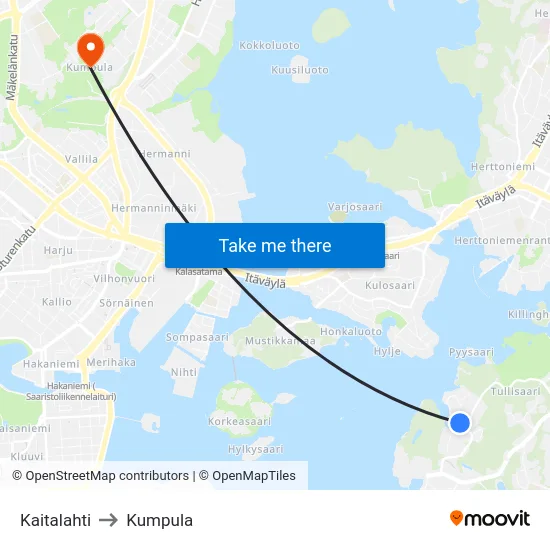 Kaitalahti to Kumpula map