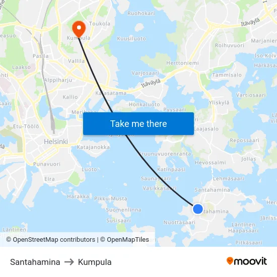 Santahamina to Kumpula map