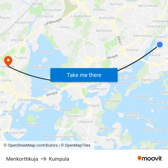 Merikorttikuja to Kumpula map