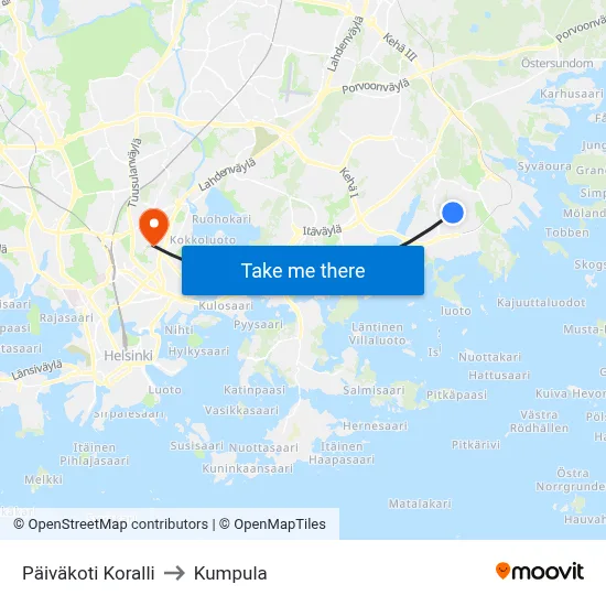Koralli Daycare to Kumpula map