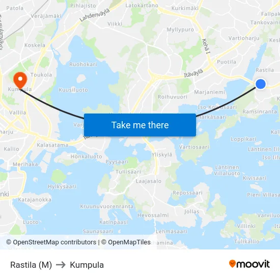 Rastila (M) to Kumpula map