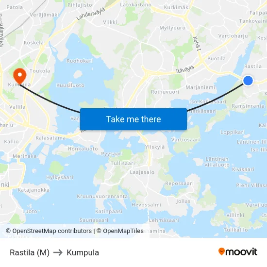 Rastila (M) to Kumpula map
