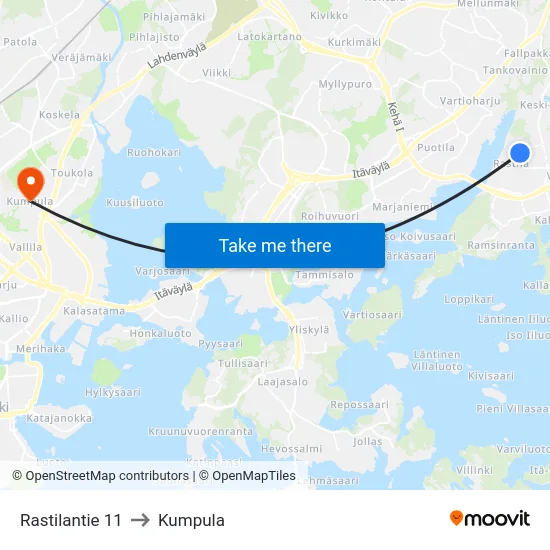 Rastilantie 11 to Kumpula map