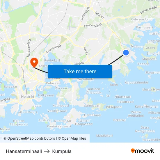 Hansaterminaali to Kumpula map