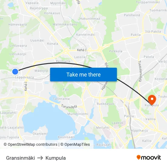 Gransinmäki to Kumpula map