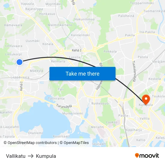 Valli Street to Kumpula map
