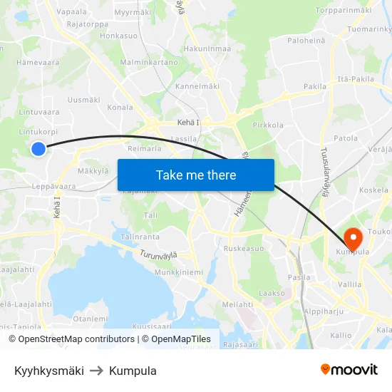 Kyyhkysmäki to Kumpula map