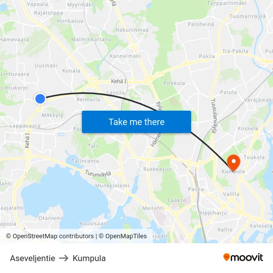 Aseveljentie to Kumpula map