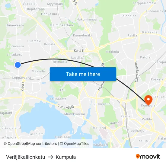 Veräjäkallio Street to Kumpula map