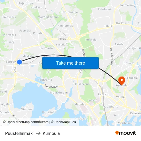 Puustellinmäki to Kumpula map