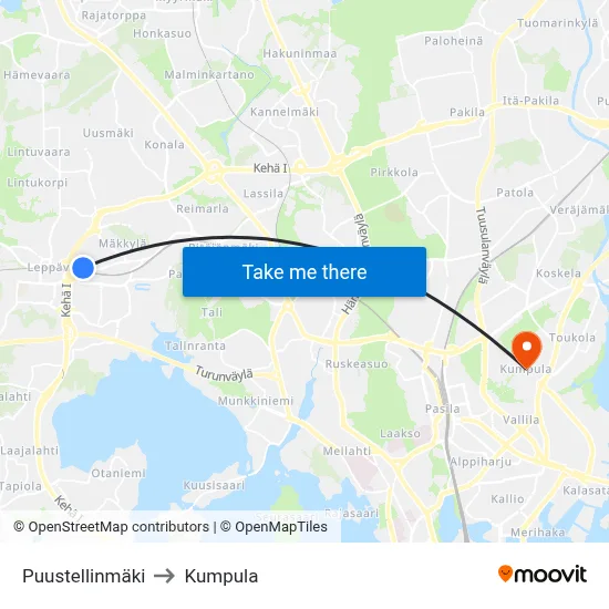 Puustellinmäki to Kumpula map