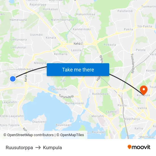 Ruusutorppa to Kumpula map