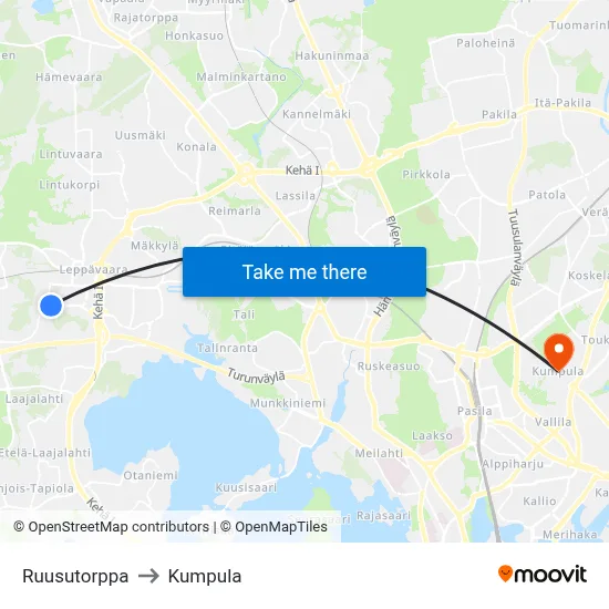 Rose Estate to Kumpula map