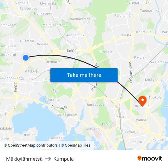 Mäkkylä Forest to Kumpula map