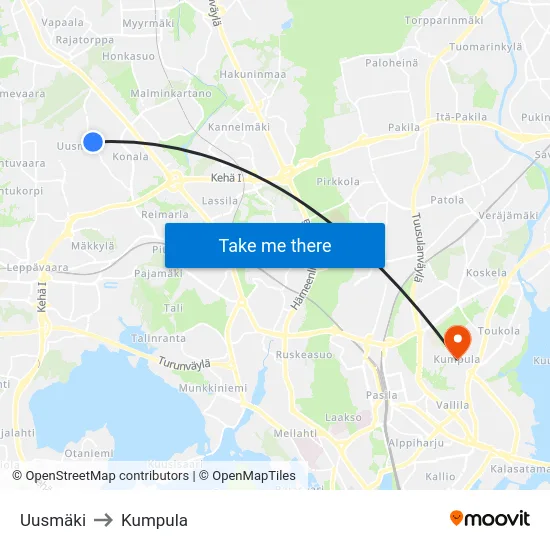 Uusmäki to Kumpula map