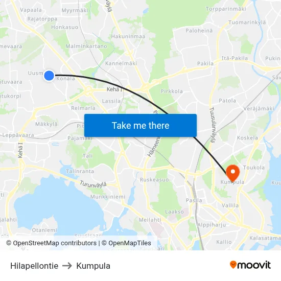 Hilapelto Road to Kumpula map