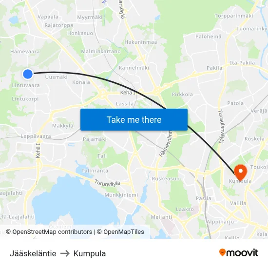 Jääskeläntie to Kumpula map