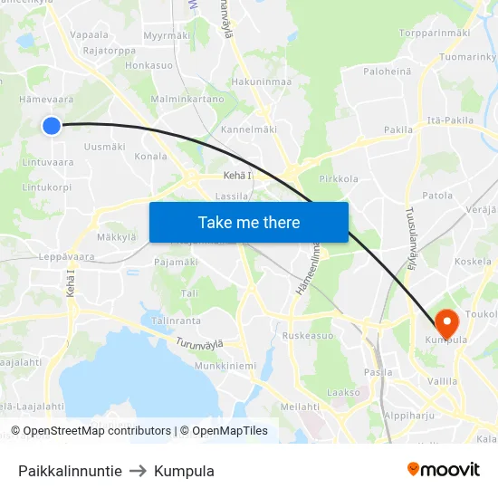 Paikkalintu Road to Kumpula map
