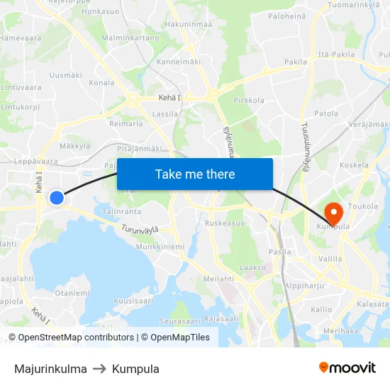 Major's Corner to Kumpula map