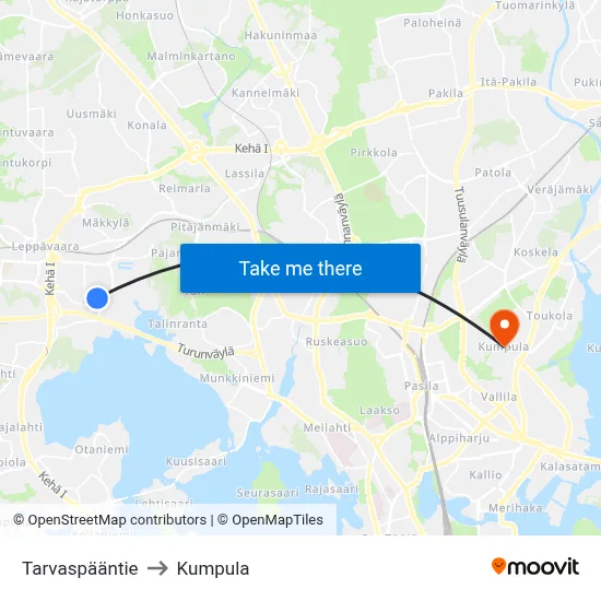 Tarvaspää Road to Kumpula map