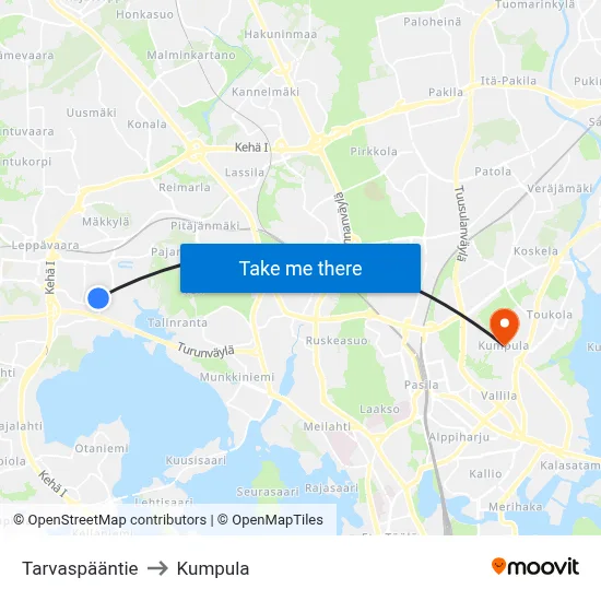 Tarvaspää Road to Kumpula map