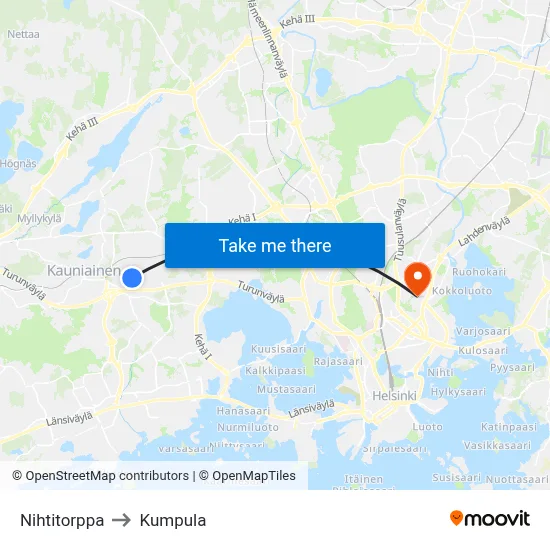 Nihti Cottage to Kumpula map