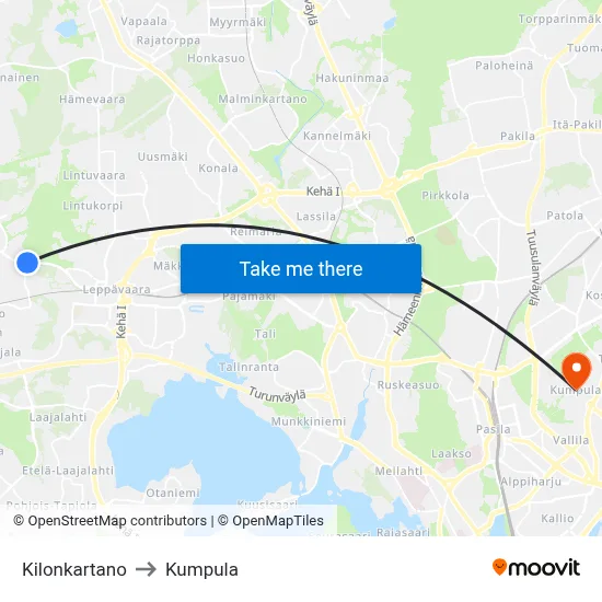 Kilo Manor to Kumpula map