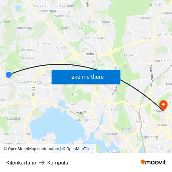 Kilo Manor to Kumpula map