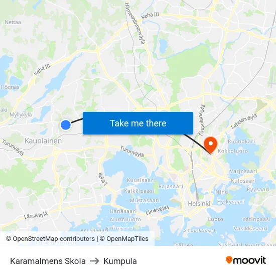 Karamalmen School to Kumpula map