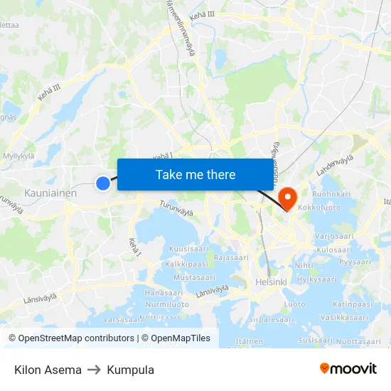 Kilon Asema to Kumpula map