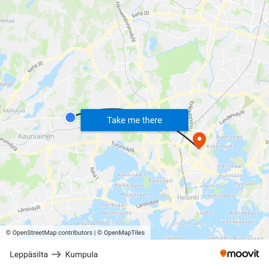 Leppäsilta to Kumpula map