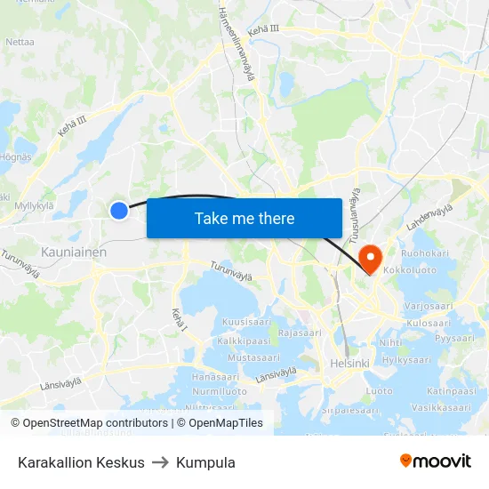 Karakallion Keskus to Kumpula map