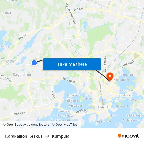 Karakallion Keskus to Kumpula map