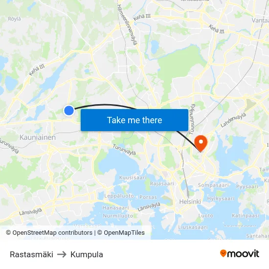 Rastasmaki to Kumpula map