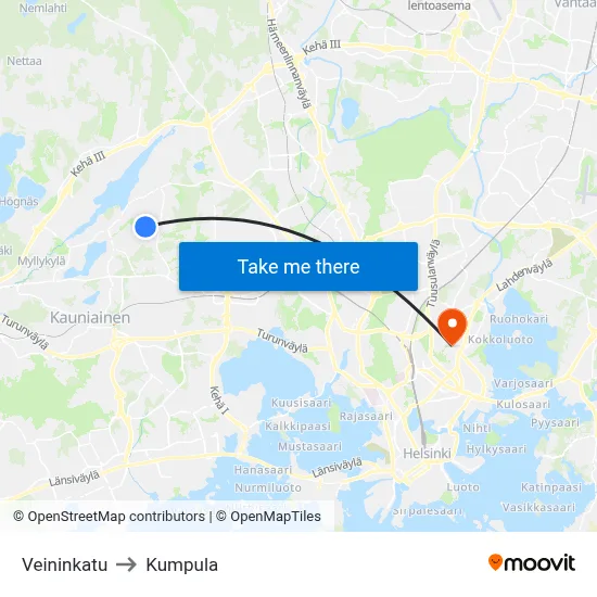 Veininkatu to Kumpula map