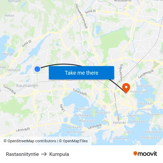 Thrush Meadow Road to Kumpula map