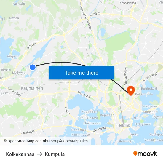 Kolkekannas to Kumpula map