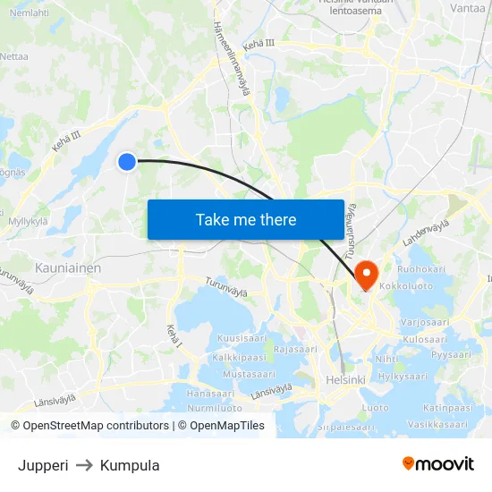 Jupperi to Kumpula map