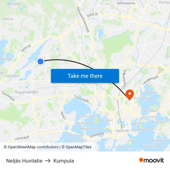Neljäs Huvilatie to Kumpula map