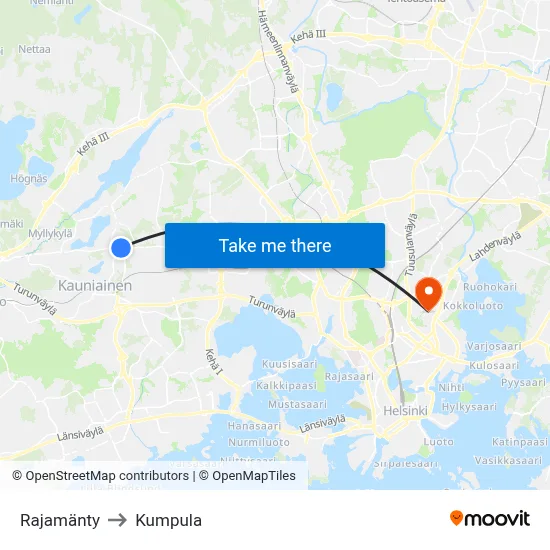 Rajamänty to Kumpula map