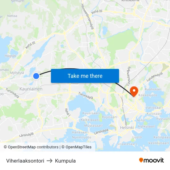 Viherlaakso Square to Kumpula map