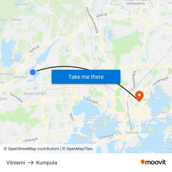 Vilniemi to Kumpula map