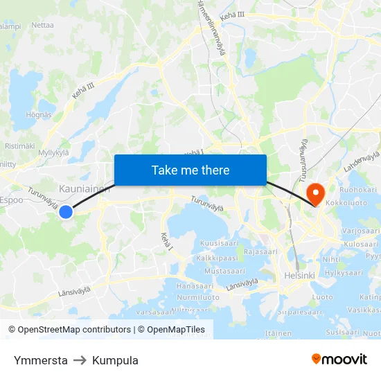 Ymmersta to Kumpula map