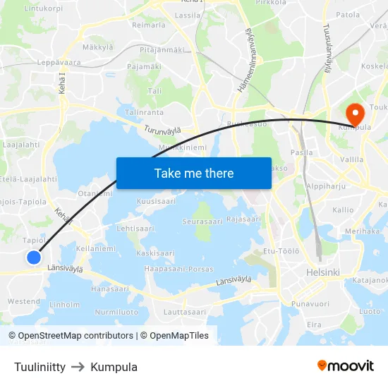 Wind Meadow to Kumpula map