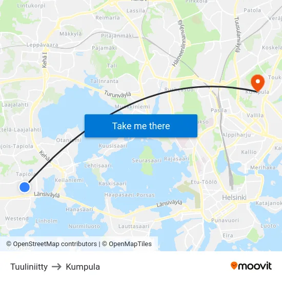 Tuuliniitty to Kumpula map